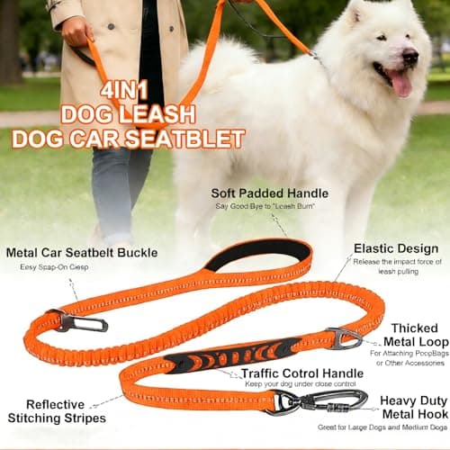 Dog Leash Heavy Duty, 4-6FT Bungee Leash Dog Seat Belt for Car With 2 Padded Handles, Strong Shock Tactical Tug Leashes Reflective Rope Lead for Medium L X-Large Dogs Walking Running Training (Orange) - Thumbnail 3