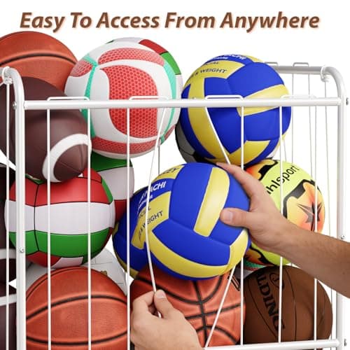 YKDIRECT 300L Rolling Ball Organizer with Locking Wheels - Large Sports Storage Basket for Basketball Soccer Football Volleyball, Steel Garage Equipment Cart with Elastic Rope for Household Storage - Thumbnail 2