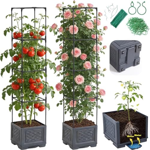 Jesosia Tomato Planter Box with Trellis - Self-Watering Rolling Raised Garden Bed with Tomato Cages for Climbing Plants - Tomato Pots with Cage Plant Support for Flower Vegetable Vine Indoor Outdoor - Image 1