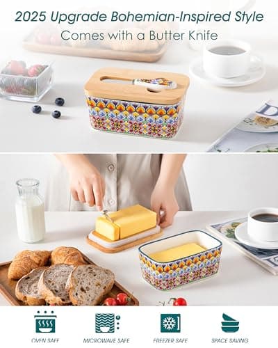 vancasso SIMI Butter Dish with Lid, 6.5" Large Butter Dish for Countertop, Bohemian Ceramic Butter Keeper Container with Knife and Bamboo Lid, Butter Holder for Counter, Golden Bloom - Thumbnail 4