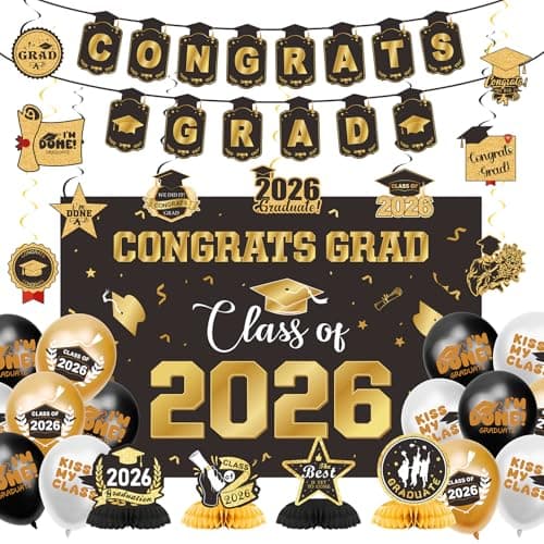 Graduation Decorations 2026 Gold Themed Set Class of 2026 Congrats Grad Banner Balloons Honeycomb & Streamers Kit Graduation Party Decorations for School and College Celebrations - Image 1