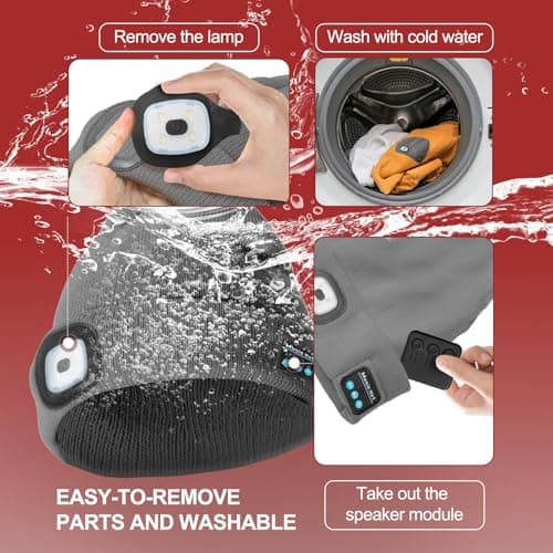 SYMNTEM Rechargeable Bluetooth Music Unisex Beanie Hat with Light for Hiking, Camping, Running, Beanie Headlamp, Gifts for Men, Women, Dad, Him, Her, Husband, Birthday Gifts for Men, Grey - Thumbnail 4