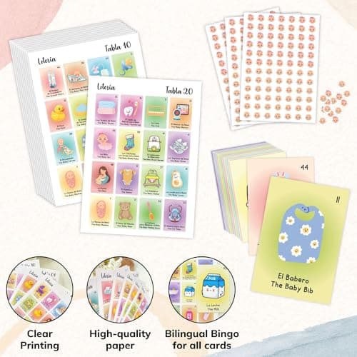 WOODAMORE Baby Shower Games for Girls and Boys - Baby Shower Loteria Bilingual Activities for Kids Ideas, Funny Party Bingo Game Loteria Cards in Spanish and English for 50 Players - Thumbnail 4
