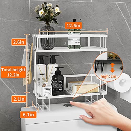 Godboat Bathroom Organizer - Over The Toilet Storage Cabinet, 2-Tier Floating Shelves, Wall Shelf with 2 Hooks & Paper Rack, Cool Accessories & Decor, Gifts for Women, Mothers Day (White) - Thumbnail 2