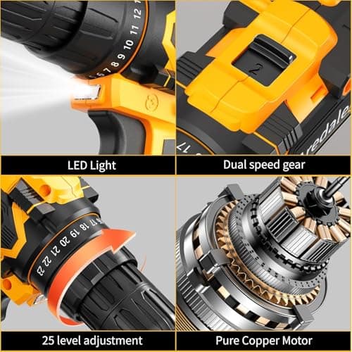 Aredale Cordless Drill Set, 12V Power Drill Driver with 2 Battery and Charger & Toolbox, 3/8" Keyless Chuck, 2 Variable Speed, 25+1 Torque Setting with LED for Home DIY - Thumbnail 4