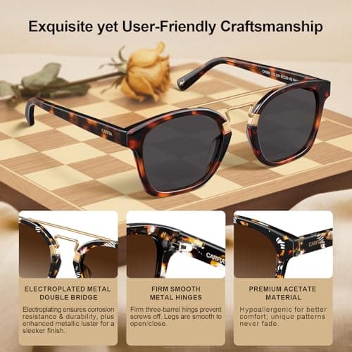 CARFIA Retro Sunglasses Womens Trendy Polarized UV400 Protection, Chic Square Double Bridge Colorful Acetate Frames - Thumbnail 5