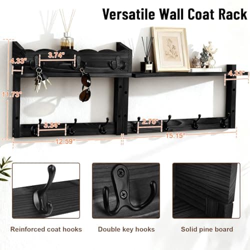 Dellicasi 28" Coat Rack Wall Mount with Shelf, Entryway Key Holder Wall Mount Wood Wall Coat Hooks with 7 Hooks 3 Key Hanger, Wall Mounted Coat Rack Mail Holder for Living Room, Bedroom - Thumbnail 2