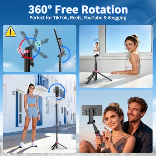 Kinwald 57" MagSafe Compatible Phone Tripod with Remote, Strong Magnetic Selfie Stick, Secure & Portable Tripod for iPhone Android, Travel Video Recording & Vlog (Black) - Thumbnail 3