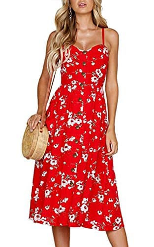 Angashion Women's Dresses-Summer Floral Bohemian Spaghetti Strap Button Down Swing Midi Dress 0860 Red XL - Image 1