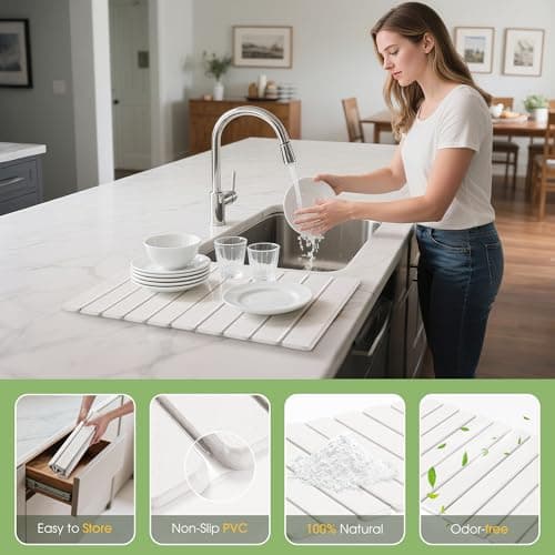 HABUTWAY Large Stone Dish Drying Mat for Kitchen Counter – 24"×16" Collapsible Diatomaceous Earth Mat, Ultra Absorbent & Quick Dry, Foldable Drying Pad for Dishes, Bottles, Cups (White) - Thumbnail 4