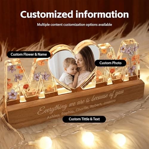 CraffBase Personalized Birth Month Flower Night Light for Mom Custom Name & Photo Acrylic LED Light, Mom's Garden Birth Flower Sign Perfect Birth Flower Gift for Mom Birthday Mother's Day - Thumbnail 5