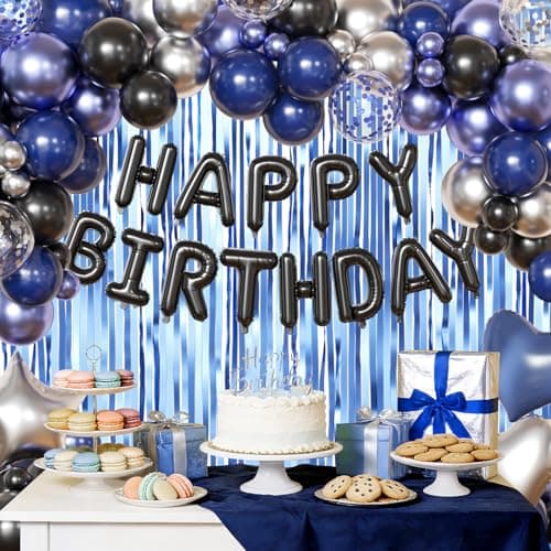 Navy Blue and Black Birthday Decorations for Men, Metallic Navy Blue Black Silver Foil Confetti Balloons Happy Birthday Banner Fringe Curtains Birthday Decorations for Boy Girls Women Men - Thumbnail 4