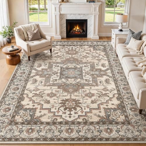 Jessibou 8x10 Area Rugs Living Room: Washable Vintage Rug Large Non-Slip Stain Resistant Ultra Soft Low Pile Pet Kids Friendly Carpets for Bedroom Dining Room Nursery Home Office Decor - Light Brown - Image 1
