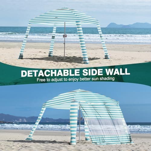 Rhino Valley Beach Cabana, 8 * 8FT Beach Tent UPF50+ Protection, Easy Setup Beach Canopy Wind Resistant with Cup Holder, Compact Beach Shade Foldable Beach Tent Sun Shelter, Light Blue Stripes - Thumbnail 5