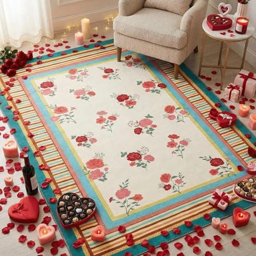 GarveeHome Beige 8x10 Area Rug, Vintage Floral Design, Machine Washable Low Pile Rug, Lightweight Non Slip, Soft Carpet for Living Room Bedroom Dining Room Nursery - Image 1