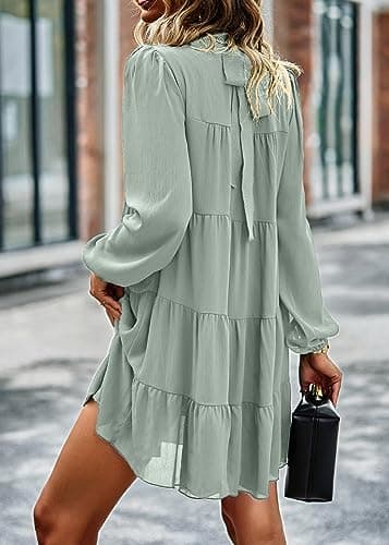 KIRUNDO Long Sleeve Baby Doll Dresses Women 2026 Casual Spring Summer Ruffle Mock Neck Tiered Mini Flowy Swing Shift Dress(Light Green, X-Large) - Thumbnail 5