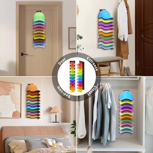 Volnamal Hat Organizer for Baseball Caps, 2 Pack Hold Up to 40 Hats, Hat Rack for Wall Space Saving, Hat Hanger w/Strong Adhesive Hat Storage Holder Display for Closet Door and Wall (Black & Color) - Thumbnail 6