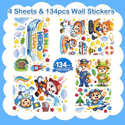 Animal Wall Stickers Decals, Animal Hero Team/Forest/Star/Cloud Wall Stickers for Kids Baby Boys, 134 Piece UV PVC DIY Removable Reusable Jungle Animal Wall Decals Stickers for Nursery Classroom - Thumbnail 5