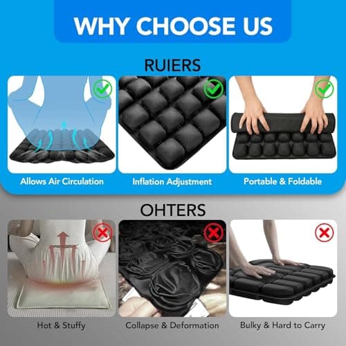 RUIERS Inflatable Seat Cushion 56 Air Bubble Cell Advanced Pressure Relief for Office Chair, Car, Wheelchair, Long Sitting & Travel – Tailbone, Hemorrhoid & Sciatica Pain Relief Pillow - Thumbnail 5