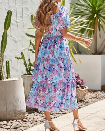 BTFBM Womens Square Neck Smocked Dress Summer Puff Short Sleeve Floral Casual Ruffle Tiered Maxi Wedding Guest Dresses(Floral Navy Multicolor, Small) - Thumbnail 3
