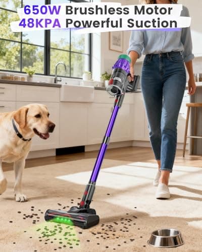 Cordless Vacuum Cleaner, 650W 48KPA UP to 60Min Vacuum Cleaners for Home, Self-Standing Stick Vacuum with Green Light Anti-Tangle, Vacuum Cordless Rechargeable for Pet Hair Carpet Hard Floors Purple - Thumbnail 2