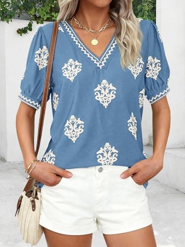 BTFBM Casual Summer T Shirts Going Out Tops for Women Beach Vacation Clothes Short Sleeve Blouses V Neck Boho Tunicss(Light Blue Apricot Flower,XX-Large) - Thumbnail 4