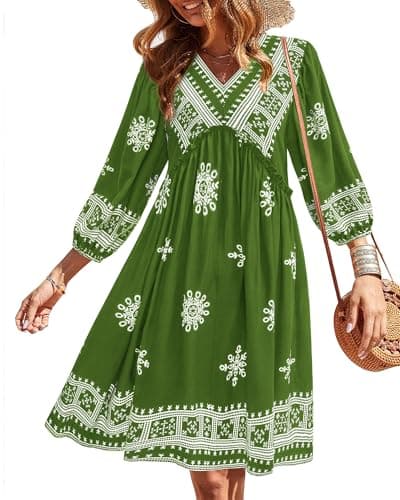BTFBM Womens Summer Dresses 2026 Casual V Neck 3/4 Long Sleeve Ruffle Floral Flowy Boho Babydoll Mini Spring Beach Dress(Print Green, Large) - Image 1