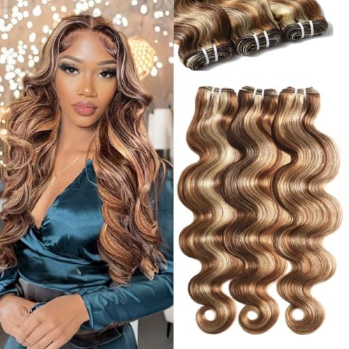 Highlight Bundles Human Hair Body Wave Virgin Hair Extensions With Brown/Blonde 3 Tones Highlights 3 Bundles/Pack 16 18 20 Inch 100g/Bundle - Image 1