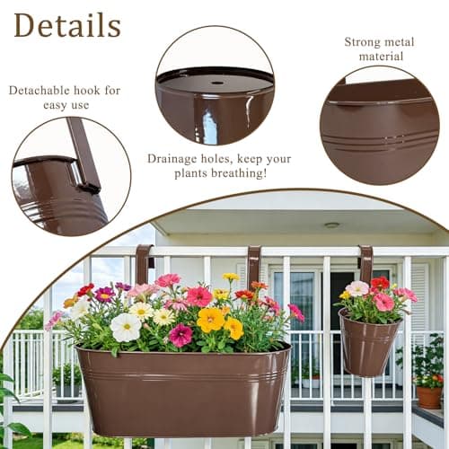 Joyfernal Set of 8 Outdoor Metal Railing Planters Box - 4 Pcs 5.12" Round Balcony Hanging Planter & 4 Pcs 17" Oval Fence Pot with Detachable Hooks Drainage, Chocolate - Thumbnail 4