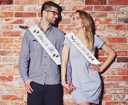 "Mom To Be" & "Dad To Be" Baby Shower Sash Bundle - With Cute Stork Image (White & Gold Lettering) Girl Boy Baby Shower Party Decorations, Gifts, Favors, Mommy Supplies Gender Reveal - Thumbnail 2