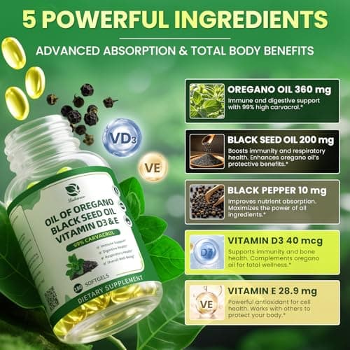 Lukaree Organic Oregano Oil Capsules with Black Seed Oil, Ultra-Concentrated 99% Carvacrol, 5-in-1 with Vitamin D3 E Black Pepper, Immune, Respiratory, Digestive & Antioxidant*, 180 Softgels, 2 Pack - Thumbnail 3