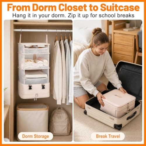 Hanging Closet Organizer, Foldable Beige Mesh Shelves with Zipper Bag - Thumbnail 4