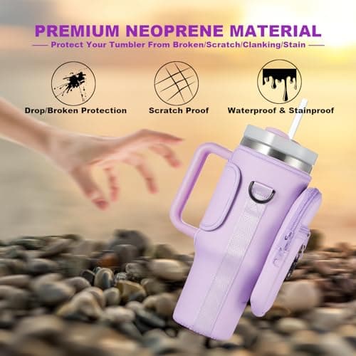 BULKITEM Water Bottle Carrier Bag with Phone Pocket for Purple Stanley 40 oz Tumbler with Handle, Purple Insulated Neoprene Cup Holder Pouch Strap for Stanley Cup Accessories - Thumbnail 4