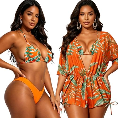 Bolsamila Women's 3 Pieces Swimsuit Mesh Skirt Halter Triangle Bikini Sets Bathing Suit with Beach Cover Ups Orange XX-Large - Thumbnail 2