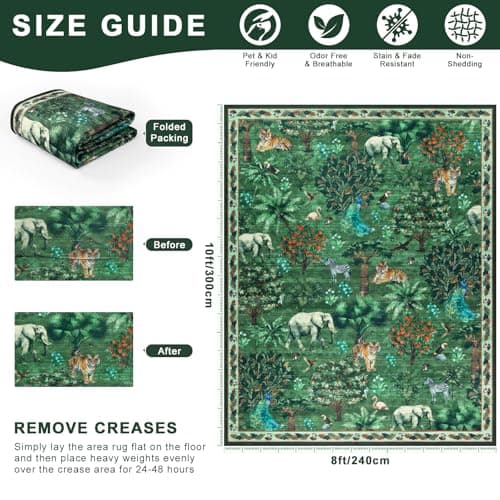 Yamaziot Washable Area Rug 8x10 – Jungle Animal Print Linen Rug for Living Room, Low Pile Non Slip Boho Floor Carpet for Indoor Outdoor Rug, Bedroom, Living Room, Dining Room, Forest Green - Thumbnail 3