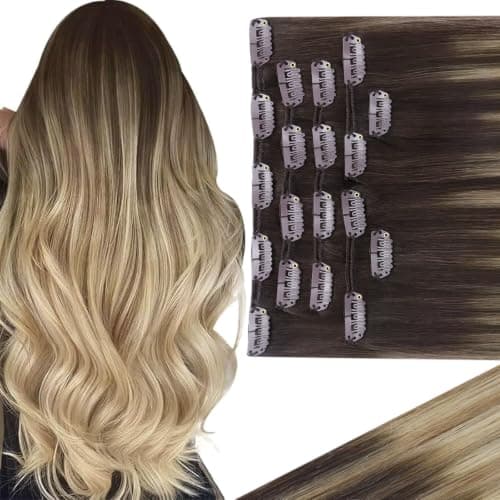 Ve Sunny Real Hair Extensions Clip in Human Hair Brown Ombre Golden Blonde Hair Extensions Clip ins Balayage Platinum Blonde Remy Human Hair Short Straight 12 Inch 85g 5pcs - Image 1