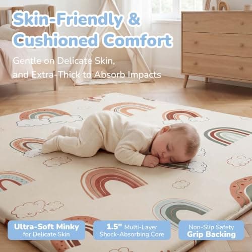 PaPaMat 1.5" Thick 71x59 Baby Play Mat Large Memory Foam Mats for Tummy Time Non-Slip Water-Resistant Crawling Playmat for Nursery Playroom Classroom, Rainbow - Thumbnail 3