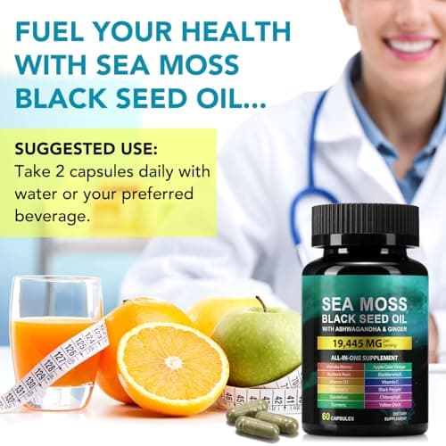 Sea Moss Black Seed Oil Ashwagandha Turmeric Bladderwrack Burdock Root Capsule with Chlorophyll,Elderberry,Manuka,Dandelion,Ginger,Vitamin C Vitamin D3,Immunity & Energy Support, 60 Counts - Thumbnail 4
