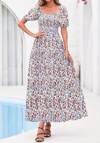 BTFBM Spring Summer Dresses for Women 2026 Puff Short Sleeve Smocked Floral Print Boho Beach Wedding Guest Maxi Dress(Floral Beige Multi, Medium) - Thumbnail 2