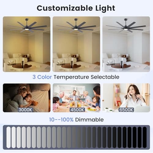 Newday 72 Inch Black Ceiling Fan with Light and Remote, Indoor/Outdoor Silent Reversible DC Motor, 6 Speeds, 3CCT, Timer, 8 Blades, 3 Downrods for Living Room, Patio, Garage - Thumbnail 4