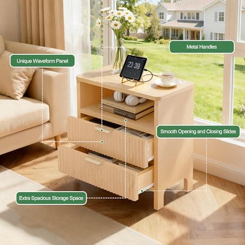 PATAVOT Fluted Night Stand with Charging Station, 23" Wide Natural Oak Nightstand with 2 Large Drawers & Storage Shelf, Light Wood Nightstand for Bedroom, Living Room, Study - Thumbnail 4
