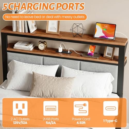 BOVONO Full Size Bed Frame with 2 Storage Drawers and Charging Station, Metal Platform Bed with 2-Layer Open Shelves, Bed Frames with Large Under Bed Storage, No Box Spring Needed Without Noise, Grey - Thumbnail 4