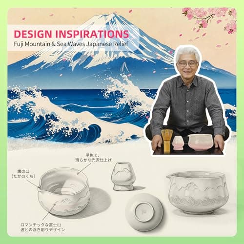 TEANAGOO 7 Pcs Matcha Whisk Set, Pink Matcha Set, Ceremony Matcha Powder Kit,Matcha Tea Set for Making Latte,Matcha Whisk Set and Bowl with Scoop&Sifter,Fuji Design Ceramic Bowl,Gift for Matcha Lovers - Thumbnail 2