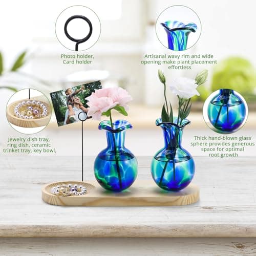Pozfun Hand Blown Glass Plant Propagation Stations Plant Terrarium Wooden Stand for Hydroponic Plants Combine Jewelry Tray and Photo Holder Office Home Garden Decor - 2 Bulb Glass Vases - Thumbnail 2