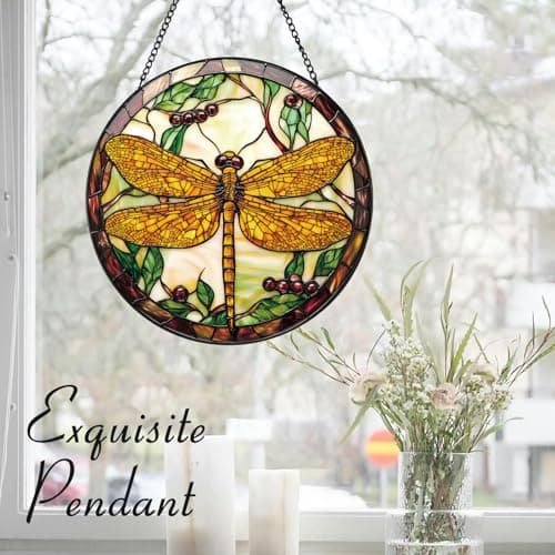 Zizzie Dragonfly Plant Suncatcher -7.9 in Stained Glass Window Hanging Sun Catcher Garden Decor - Thumbnail 5