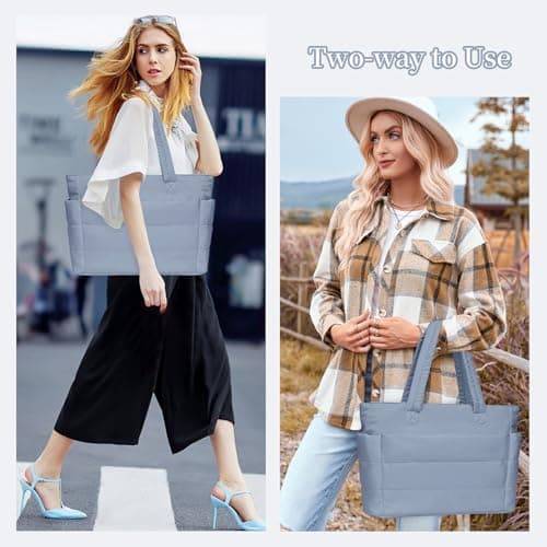 JHhomezeit Puffer Tote Bag for Women-Large Work Tote Bags Quilted Lightweight Puffy Bags Shoulder Bag with Laptop Compartment Blue - Thumbnail 2