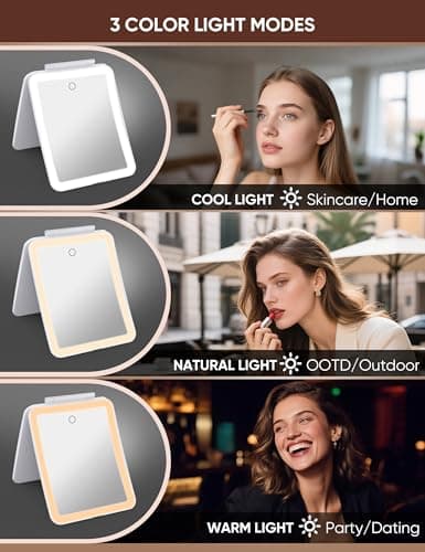 klarh 1X/10X Magnifying Makeup Mirror with 3 Colored Lights and Touch Control, 2700mAh Rechargeable LED Vanity Mirror for Home, Bathroom and Travel (Pearl White, with LED Lights) - Thumbnail 4