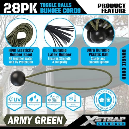 XSTRAP STANDARD 28 Pack Heavy Duty 9 Inch Ball Bungee Cords, Tarp Tie Down Bungee Balls for Canopy, Tent, Cargo, Wires & Hoses in Army Green - Thumbnail 5