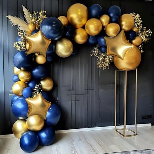 Royal Blue and Gold Balloon Garland Arch Kit, 160Pcs Dusty Blue Gold Latex Balloons with Star Foil Balloons for Wedding Anniversary Birthday Party Decorations - Thumbnail 3