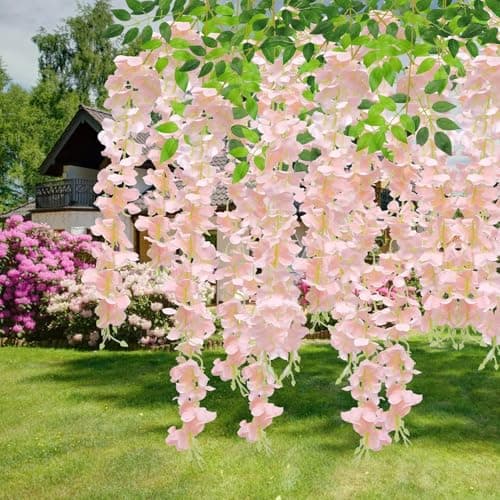 U'Artlines 48 Pack (Total 172.8 Feet) Artificial Fake Wisteria Vine Rattan Hanging Garland Silk Flowers String Home Party Wedding Decor (48, Light Pink) - Thumbnail 2